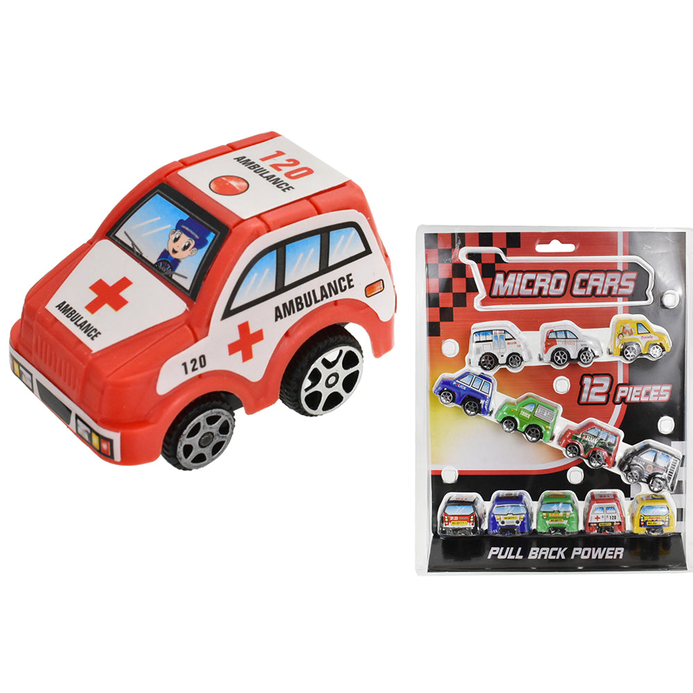 12pc Pull Back Micro Cars
