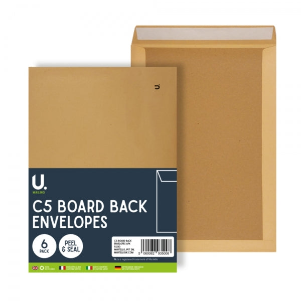 C5 Board Back Envelopes 162x229mm 6pk