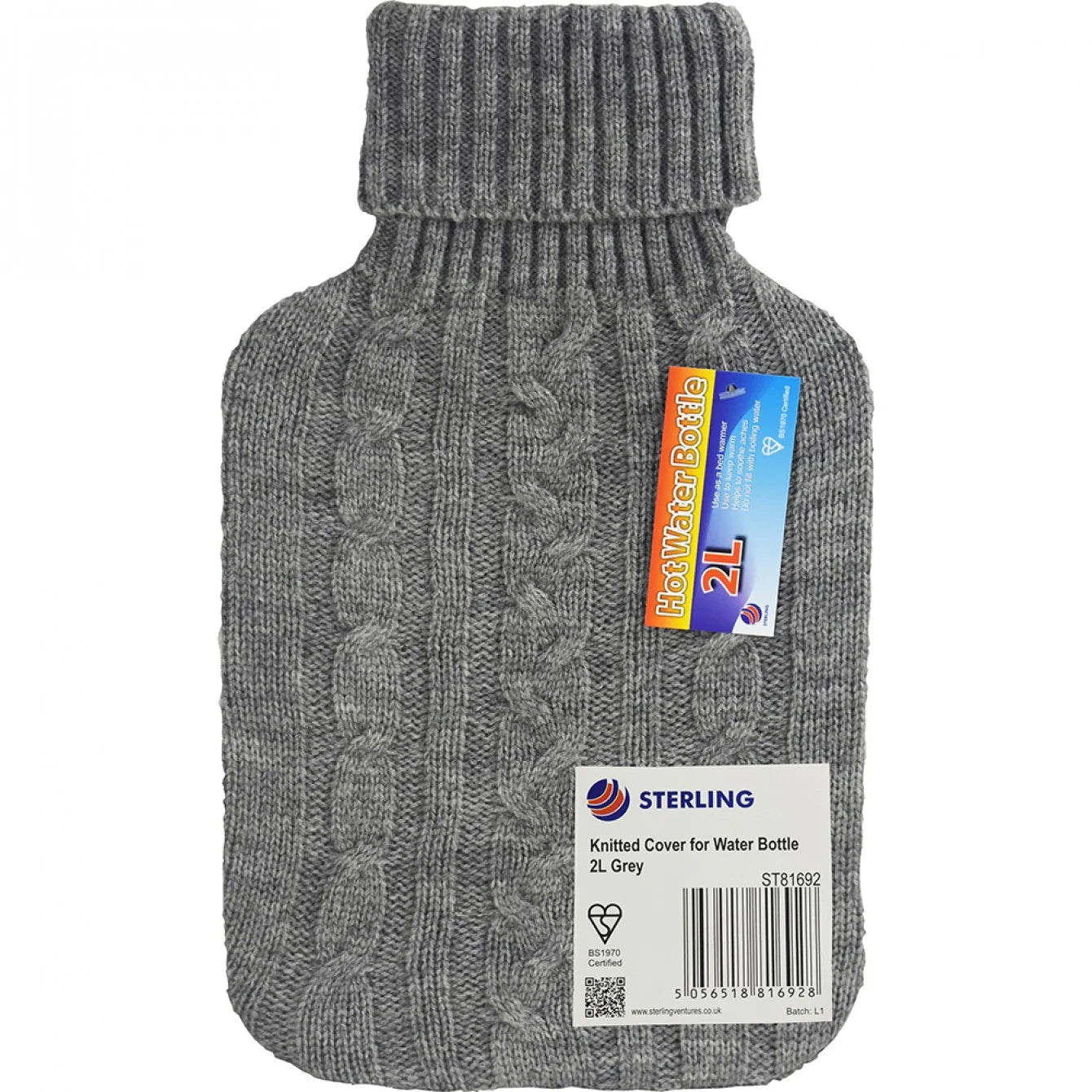 Knitted Hot Water Bottle Cover 2L Grey