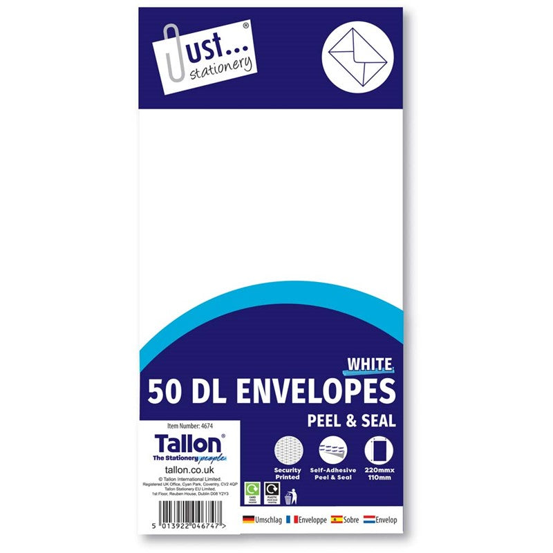 Envelopes 50 x DL White Peel & Seal 80gsm