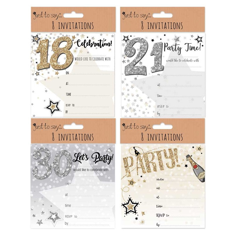 8 Sq Invitation Cards & Envelopes Age 18, 21, 30 & General D