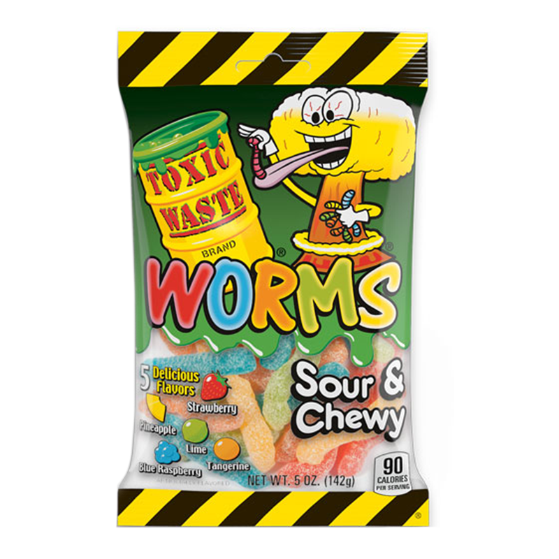 Toxic Waste Sour Gummy Worms 5oz (142g) Peg Bag 12CT