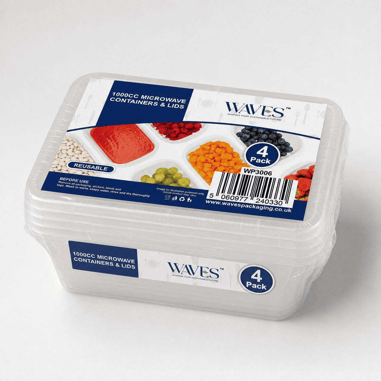 Waves 1000cc Plastic Food Containers & Lids 4pk